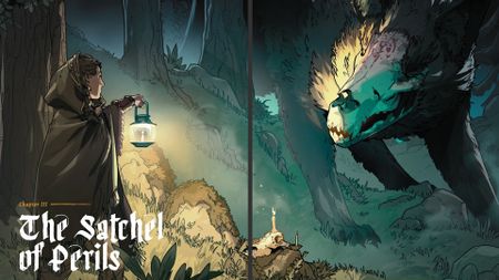 A cloaked woman holding a lantern looks out into a forest at a skull-headed beast