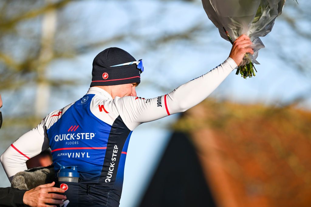 Dutch Fabio Jakobsen of QuickStep Alpha Vinyl celebrates on the podium after winning the KuurneBrusselsKuurne one day cycling race 1951 km from Kuurne to Kuurne via Brussels Sunday 27 February 2022 BELGA PHOTO JASPER JACOBS Photo by JASPER JACOBSBELGA MAGAFP via Getty Images
