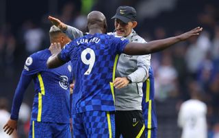 Chelsea head coach Thomas Tuchel and striker Romelu Lukaku embrace