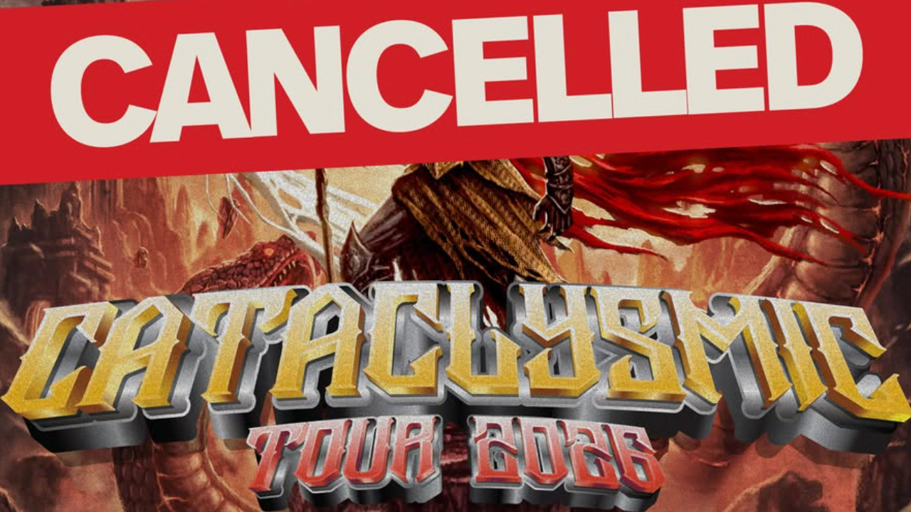 A poster for the 2026 Cataclysmic Tour, with a banner containing the word "cancelled"