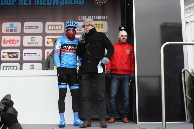Andreas Klier (Garmin-Sharp) is vastly experienced and knows the value of keeping out worst of the Flemish spring weather.