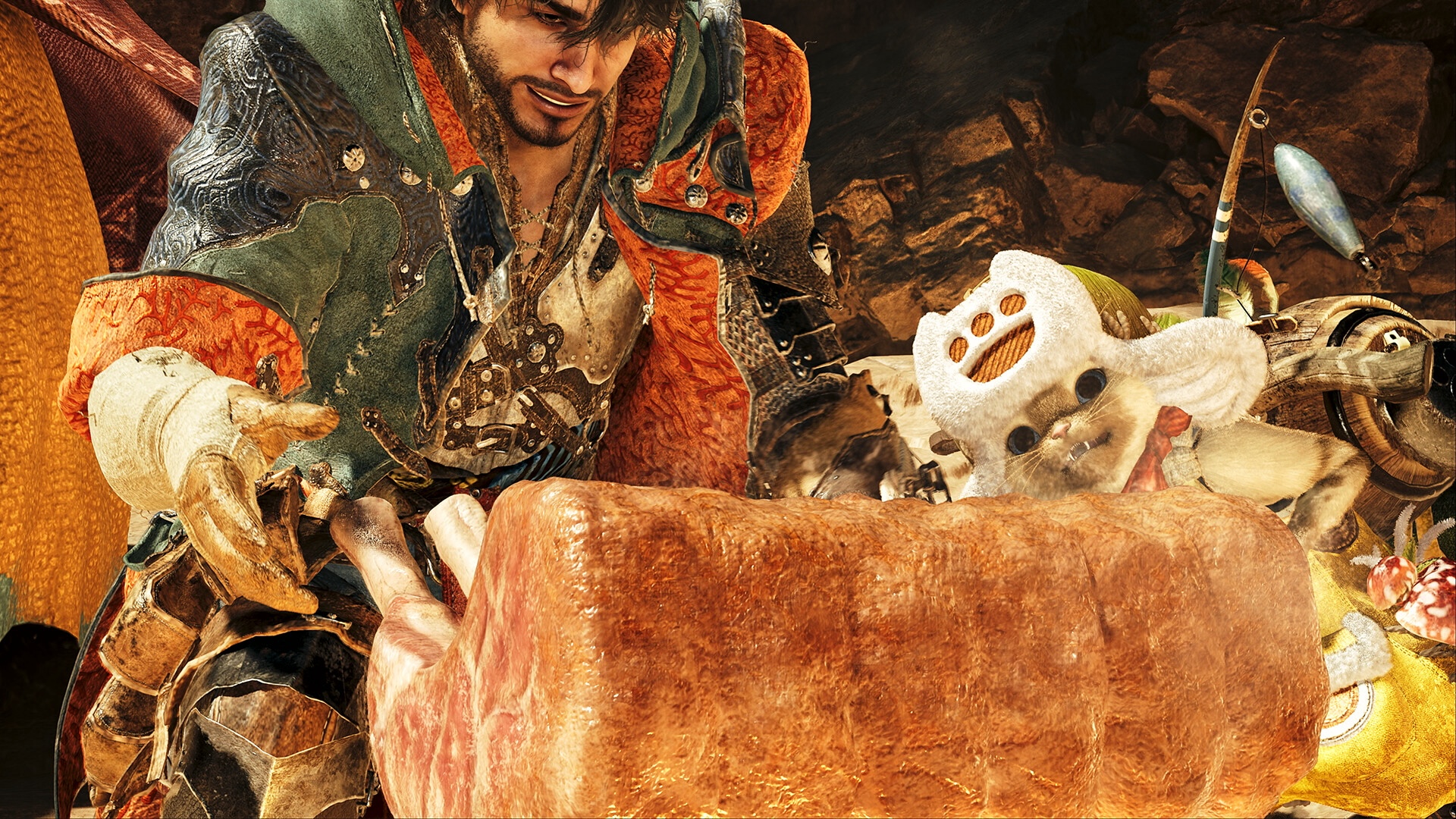 A hunter and a Palico smile at a roasted piece of monster meat