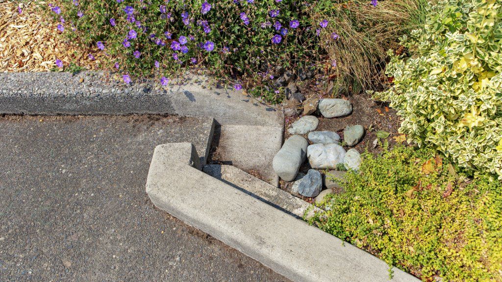 A gap in the curb that runs from pavement into a garden