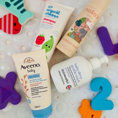 a group shot of baby skincare products in a bath