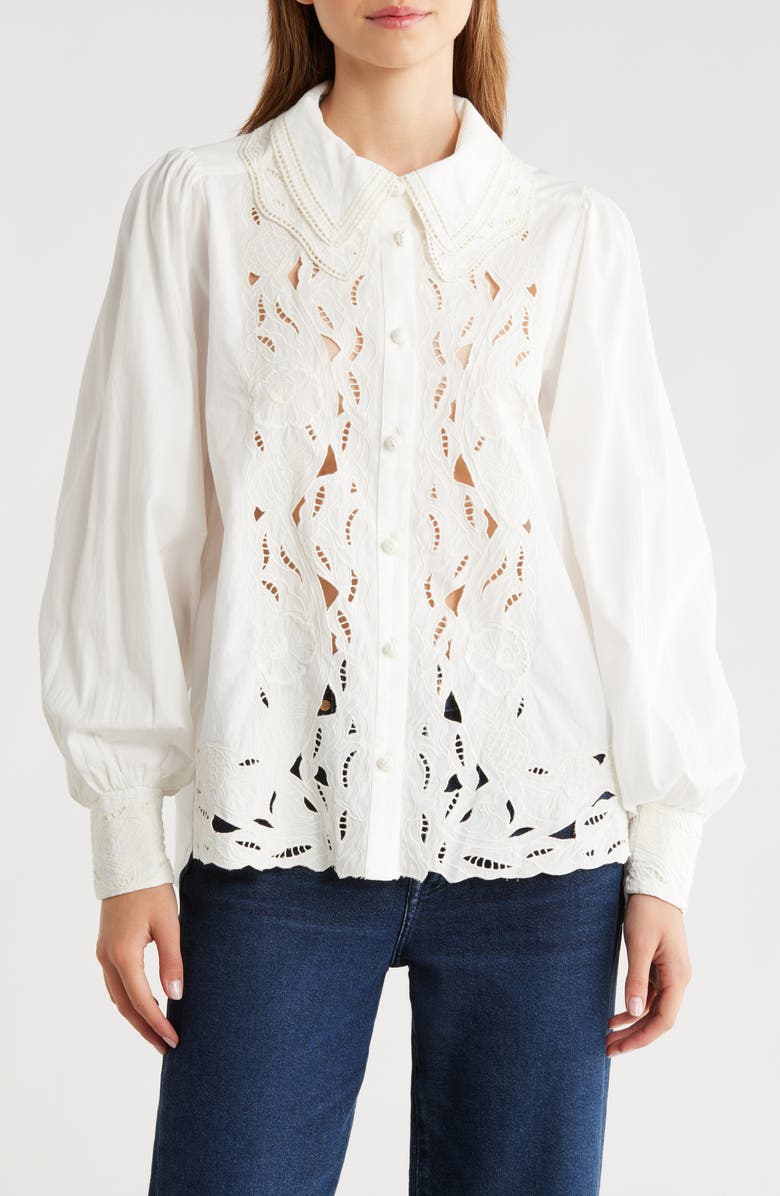 Embroidered Eyelet Puff Sleeve Button-Up Shirt