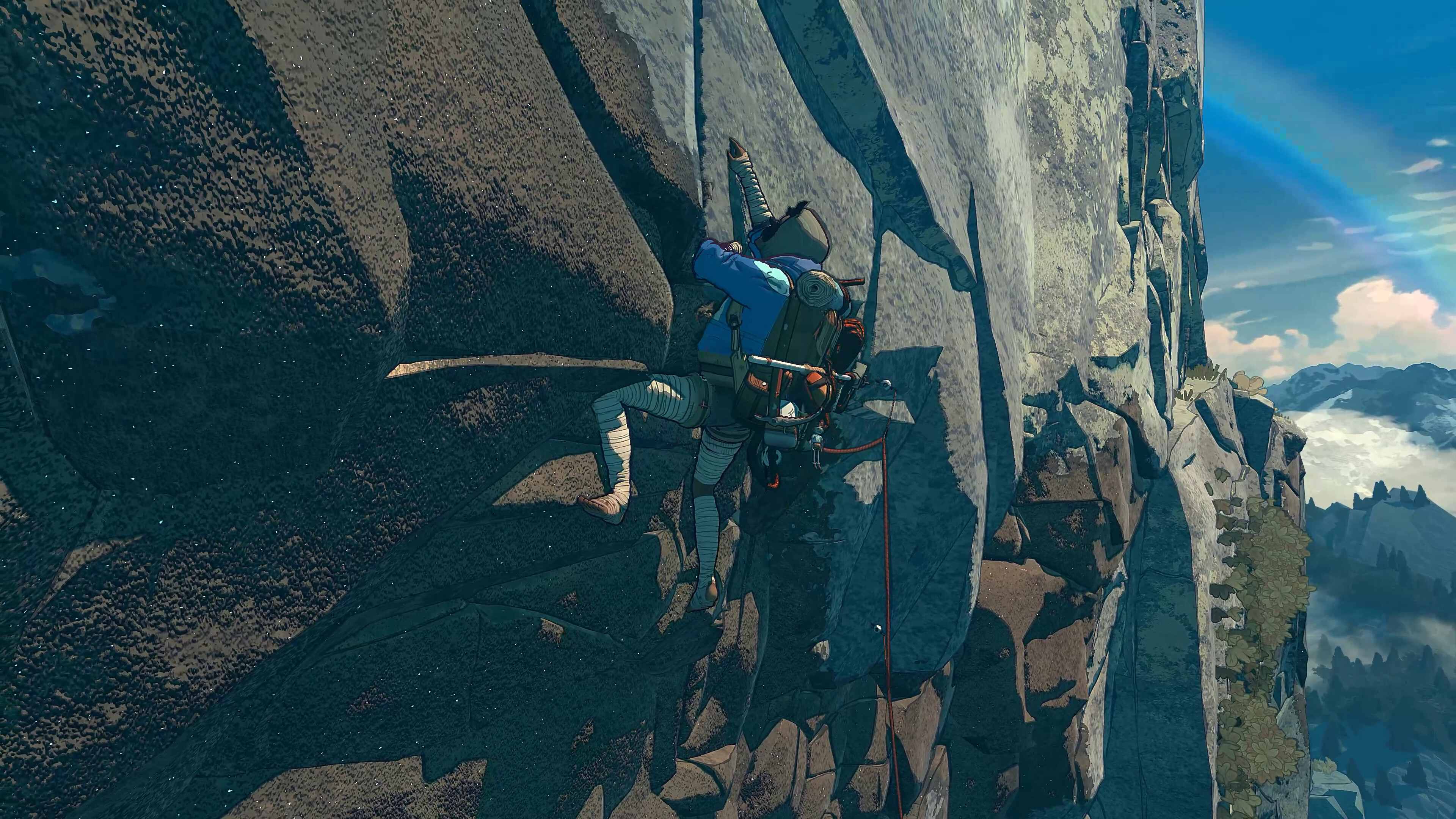 A screenshot from the climbing game Cairn showing the player character, mountains, and gear