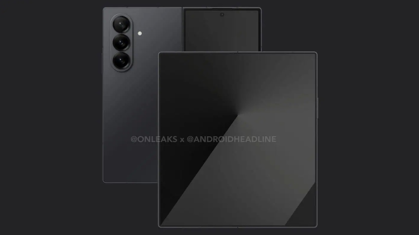 A leaked rendering of the Galaxy Z Fold 7's internal display, rear panel, and cover screen.