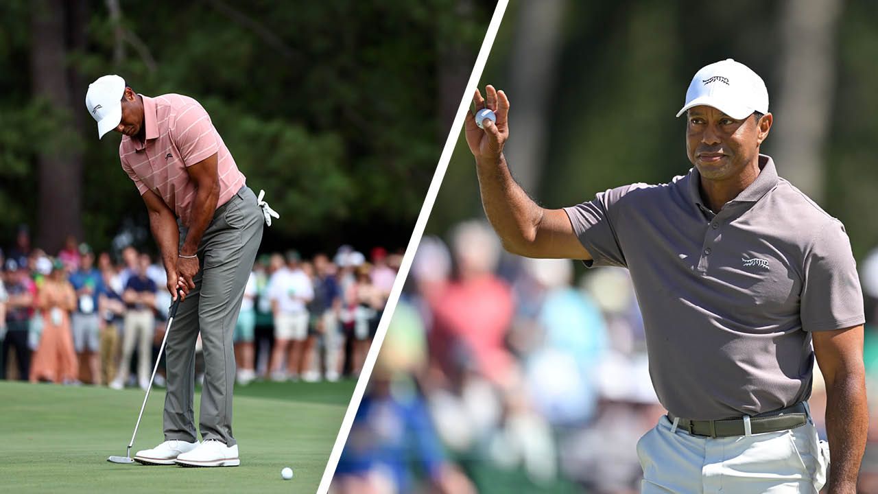 Tiger Woods playing at The Masters at Augusta National and hitting a putt on the green