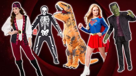 A selection of Halloween costumes on a red background.