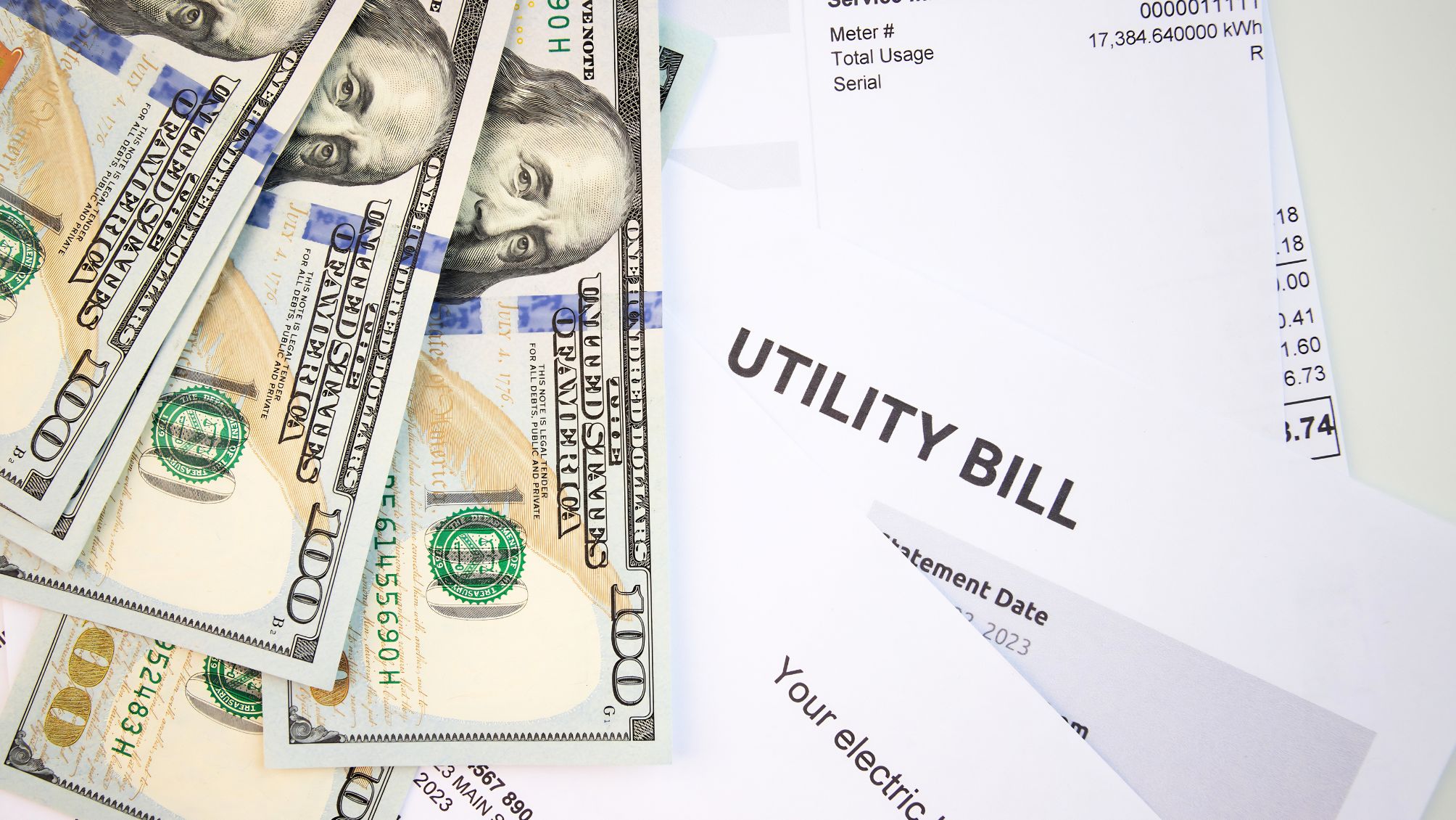 Heat and water utility bill with money, Paper bill with energy and water costs, invoice with energy and gas charges