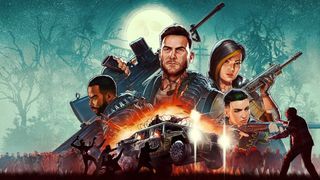 Key art for John Carpenter's Toxic Commando showing the squad readying up with weapons against a backdrop of a zombie horde, including themselves blasting them from a truck