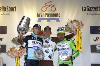 Matteo Trentin (Etixx - Quick Step), Jan Bakelants (AG2R La Mondiale) and Sonny Colbrelli on the podium after the 2015 Grand Piemonte