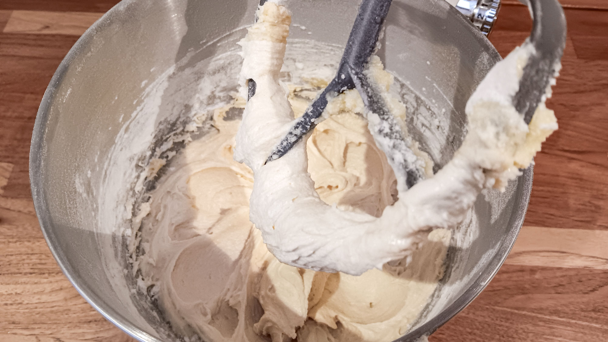 Cake batter being mixed in a Cuisinart Precision stand mixer