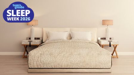 A serene bedroom setting, with neutral colors, matching nightstands, and warm golden-hour lighting. 