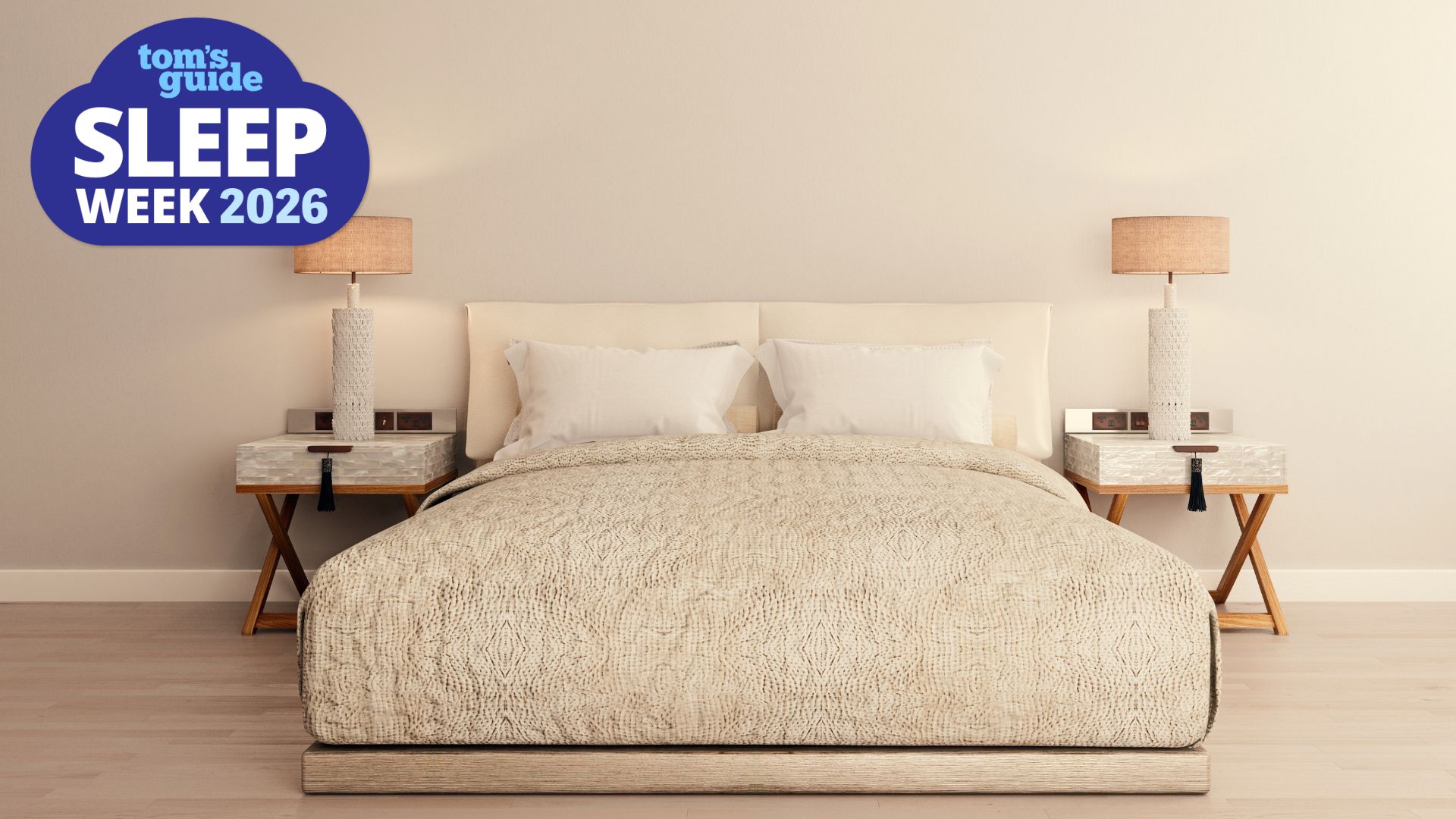 A serene bedroom setting, with neutral colors, matching nightstands, and warm golden-hour lighting.