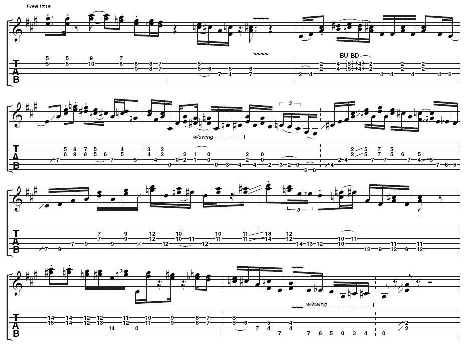 You&acute;ll notice that Albert doesn&acute;t move his fret hand around a lot. This is because he has very efficient finger movement, and simply moves some of the same concepts around the neck when he is presented with a new chord. Notice how in bar 4 all of the chord shapes are similar - this helps keep movement to a minimum.