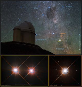 The southern skies over the European Southern Observatory in La Silla, Chile. Pictured below are Hubble Space Telescope images of Proxima Centauri (right) and Alpha Centauri (left).