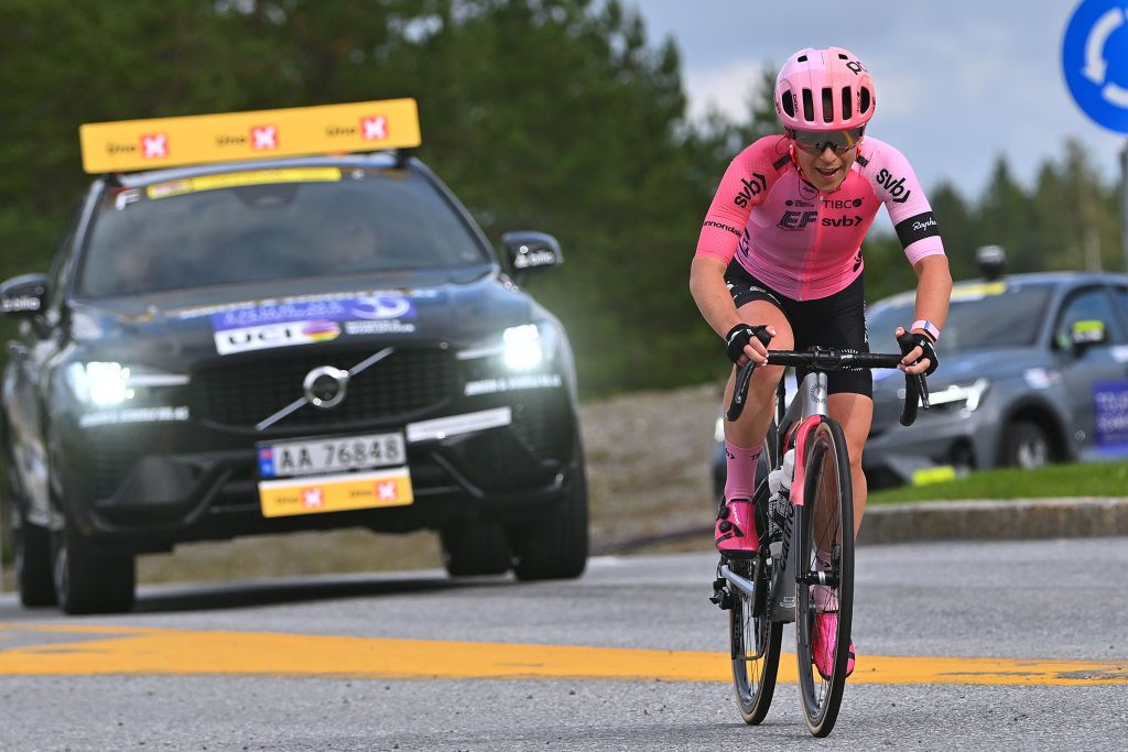 HALDEN NORWAY AUGUST 23 Letizia Borghesi of Italy and Team EF Education Tibco Svb competes during the 9th Tour of Scandinavia 2023 Battle Of The North Stage 1 a 1246km stage from Mysen to Halden UCIWWT on August 23 2023 in Halden Norway Photo by Luc ClaessenGetty Images