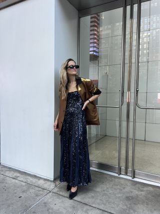 @elizagracehuber wearing sequin dress, gold lame jacket, black mules