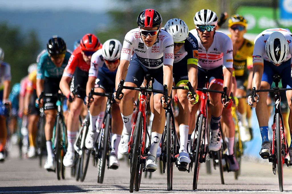 CHAINTRE FRANCE JUNE 09 Ethan Hayter of United Kingdom and Team INEOS Grenadiers White Best Young Rider Jersey crosses the finishing line on third place during the 74th Criterium du Dauphine 2022 Stage 5 a 1623km stage from ThizylesBourgs to Chaintr WorldTour Dauphin on June 09 2022 in Chaintre France Photo by Dario BelingheriGetty Images