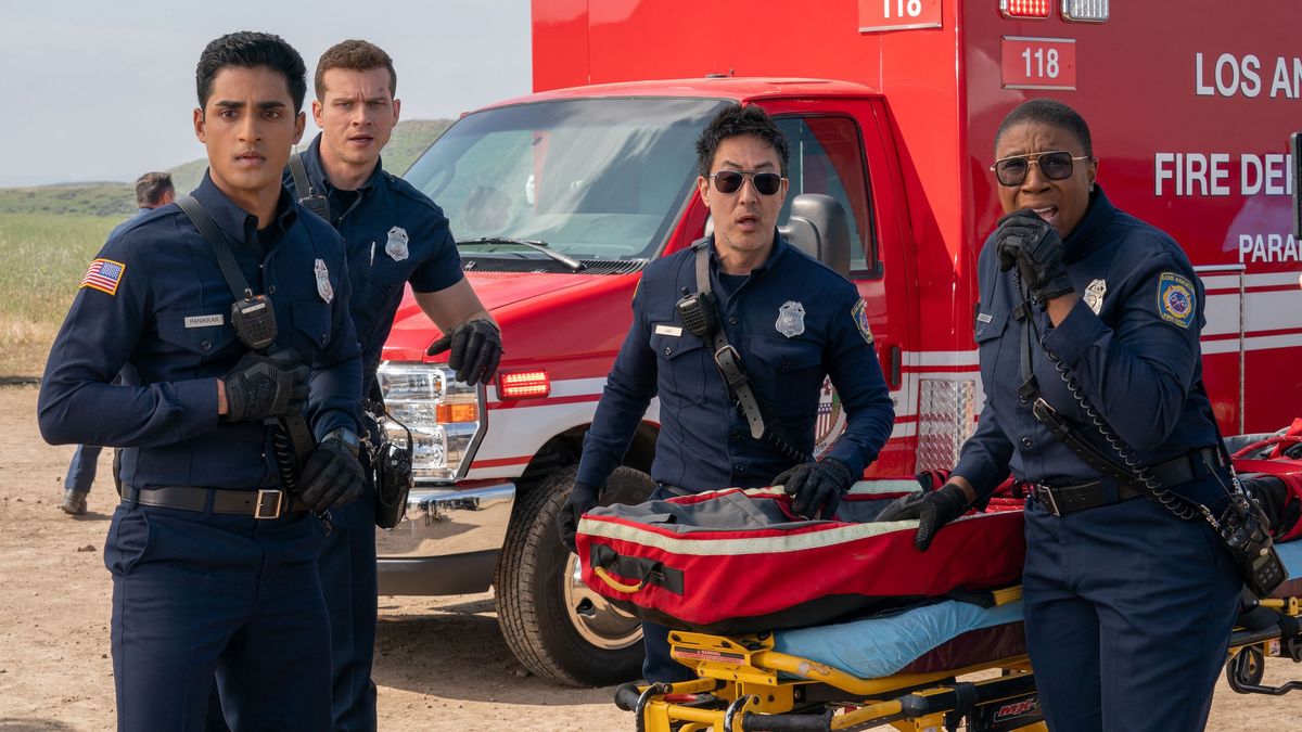 Anirudh Pisharody, Oliver Stark, Kenneth Choi and Aisha Hinds in 9-1-1 