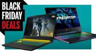 Two great gaming laptops for under $1,000 on a blue black friday deal background.