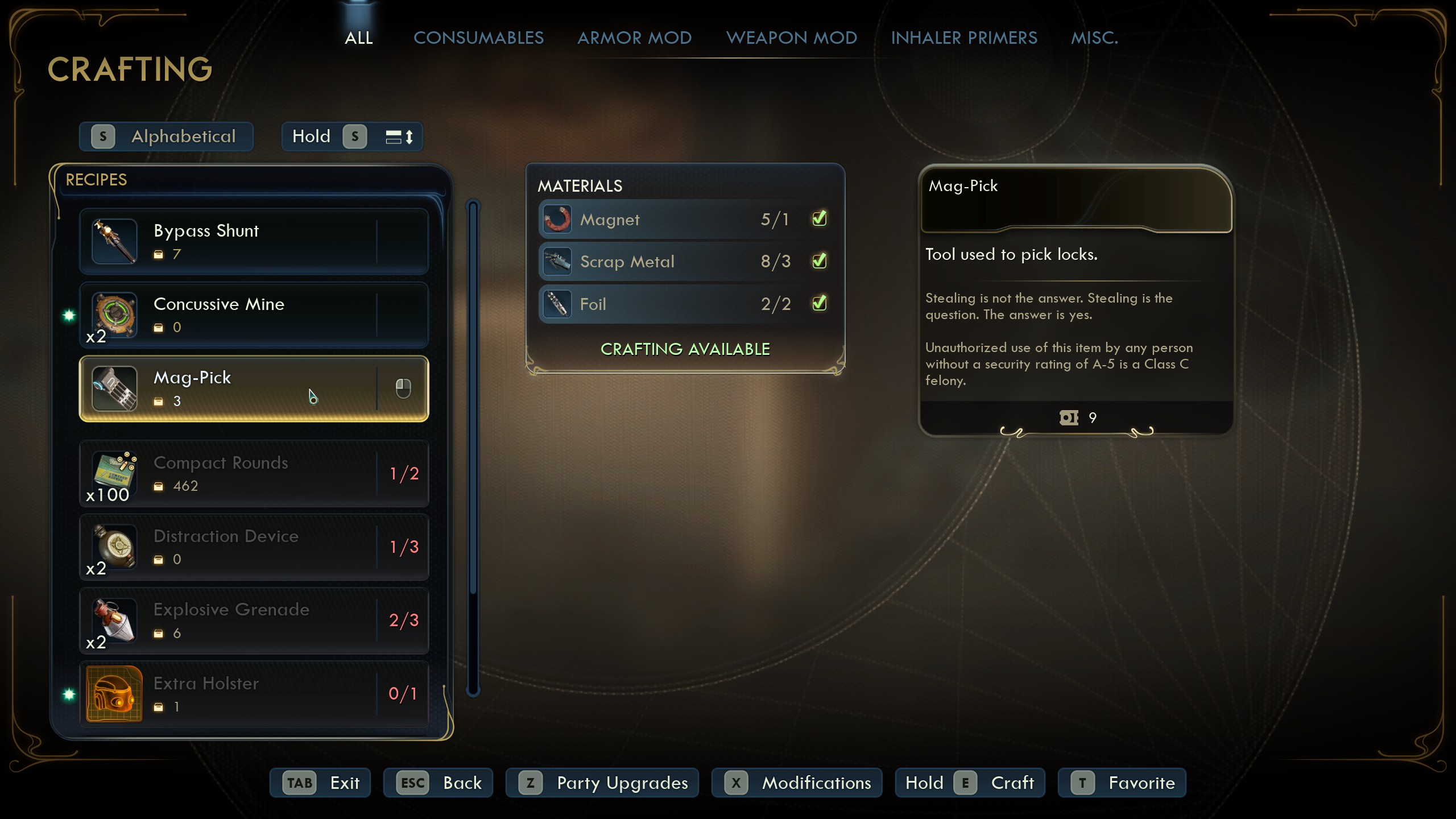 Outer Worlds 2 Mag-Picks in crafting menu