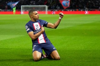 Liverpool target Kylian Mbappe reacts after scoring the first goal of the game during the Champions League match between Paris Saint-Germain (PSG) and SL Benfica on October 11, 2022, at Parc des Princes Stadium in Paris, France.