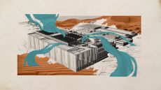 Photo collage of an AI data center, surrounded by desert sands and sucking up water from around itself