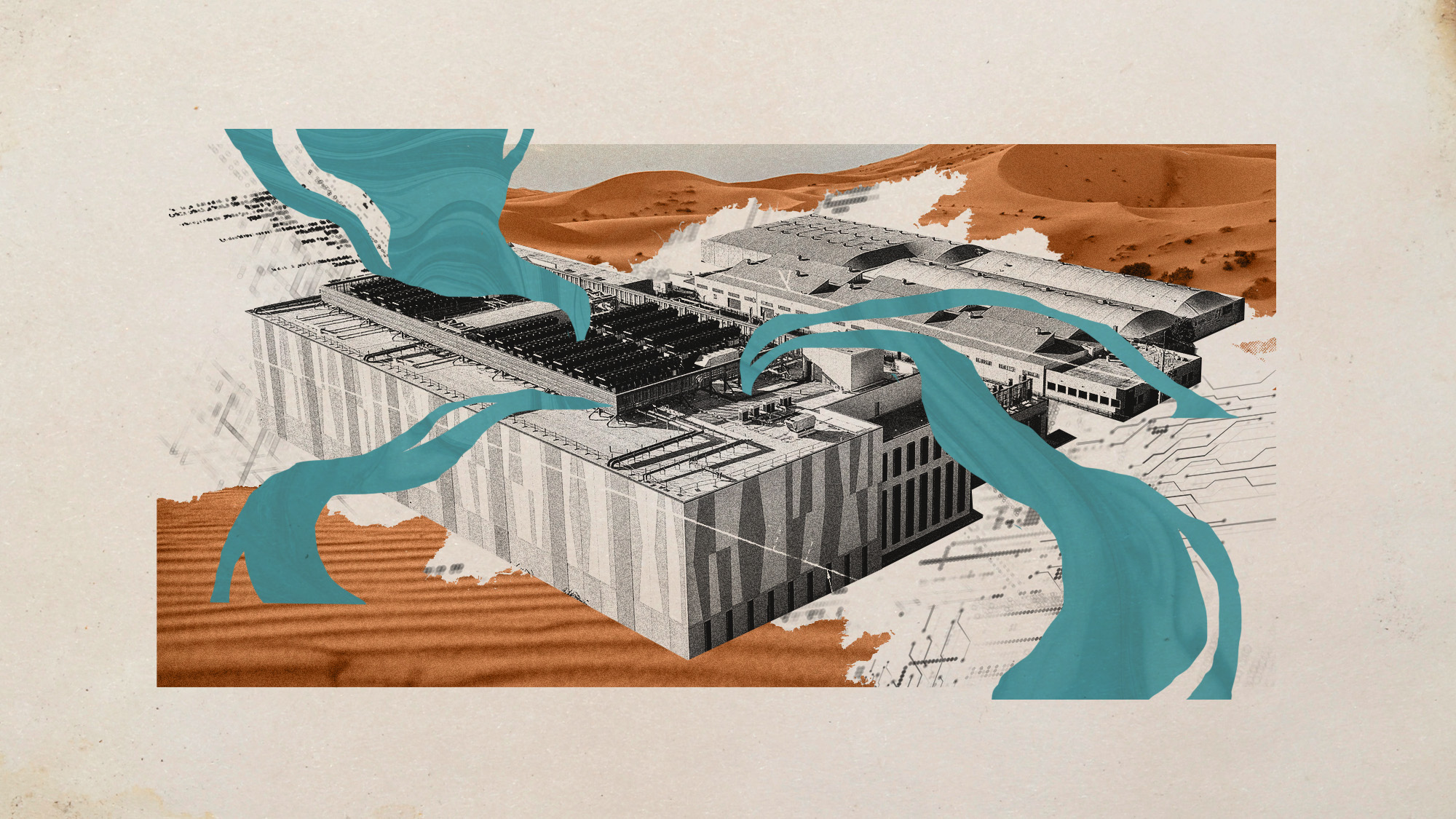 Photo collage of an AI data center, surrounded by desert sands and sucking up water from around itself