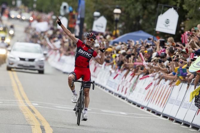 Mathias Frank (BMC) salutes as he crosses the finish line in Breckenridge