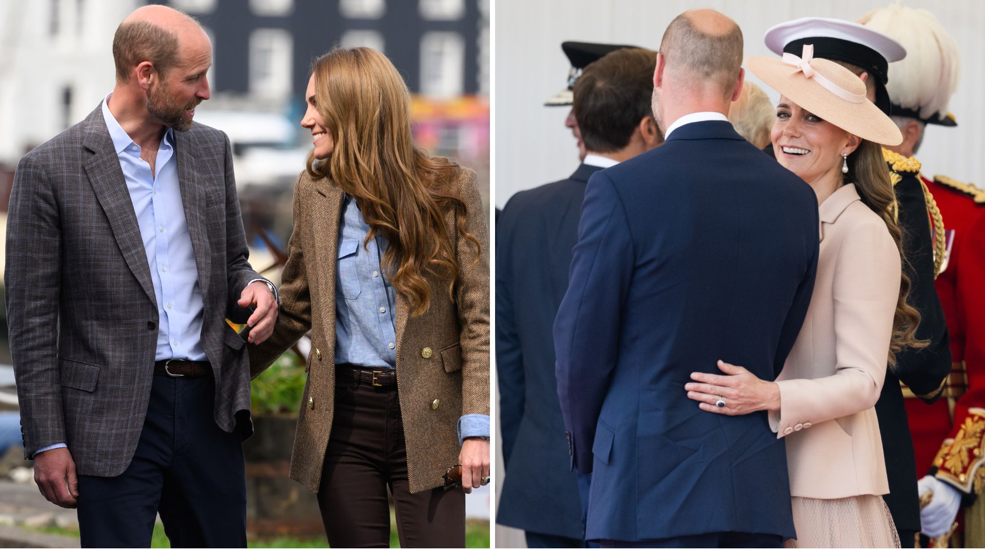 A composite of two pictures of Kate Middleton putting her hand on Prince William&#039;s arm and back on separate occasions
