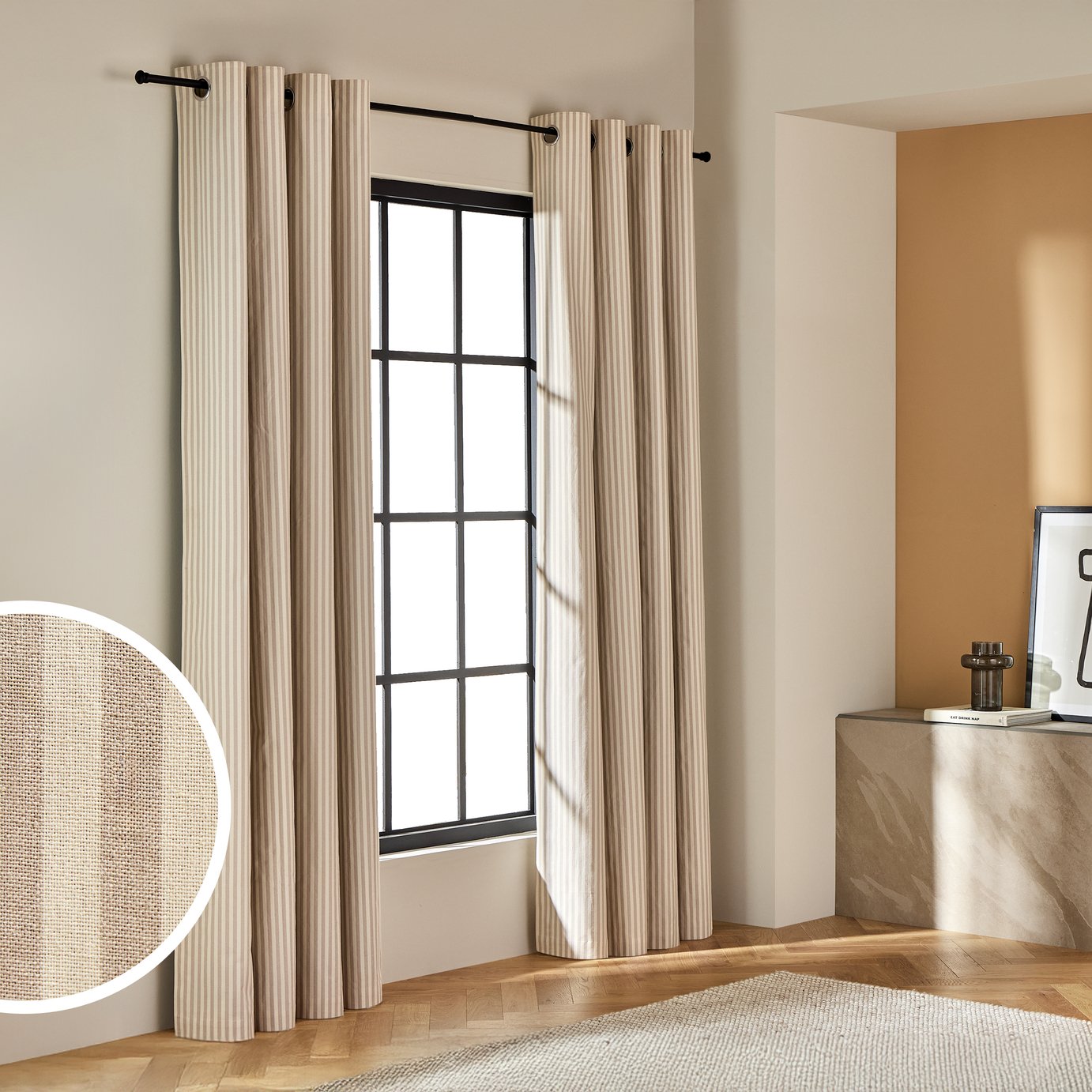 Habitat Yarn Dye Stripe Blackout Eyelet Curtains - Latte - 117x137cm