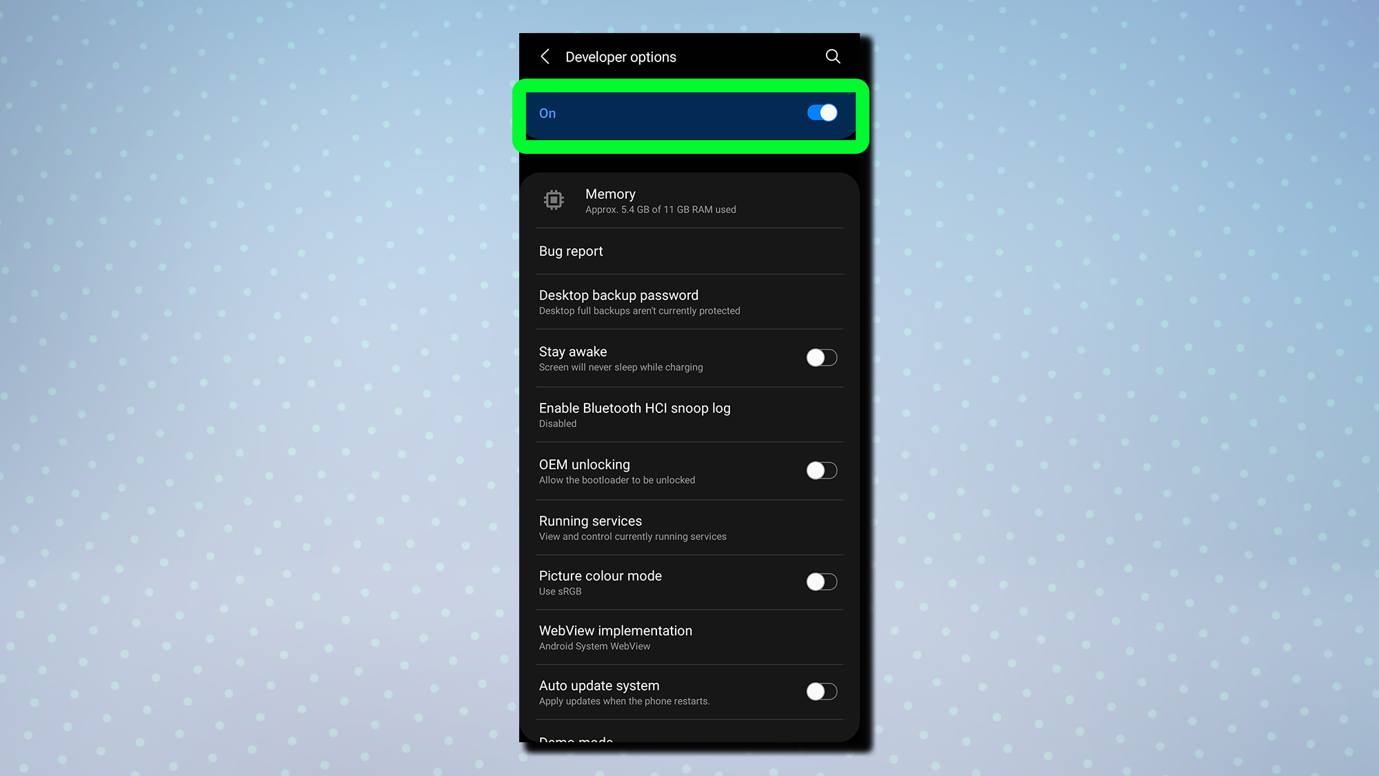 A screenshot showing the Android developer options menu with toggle to turn it off highlighted