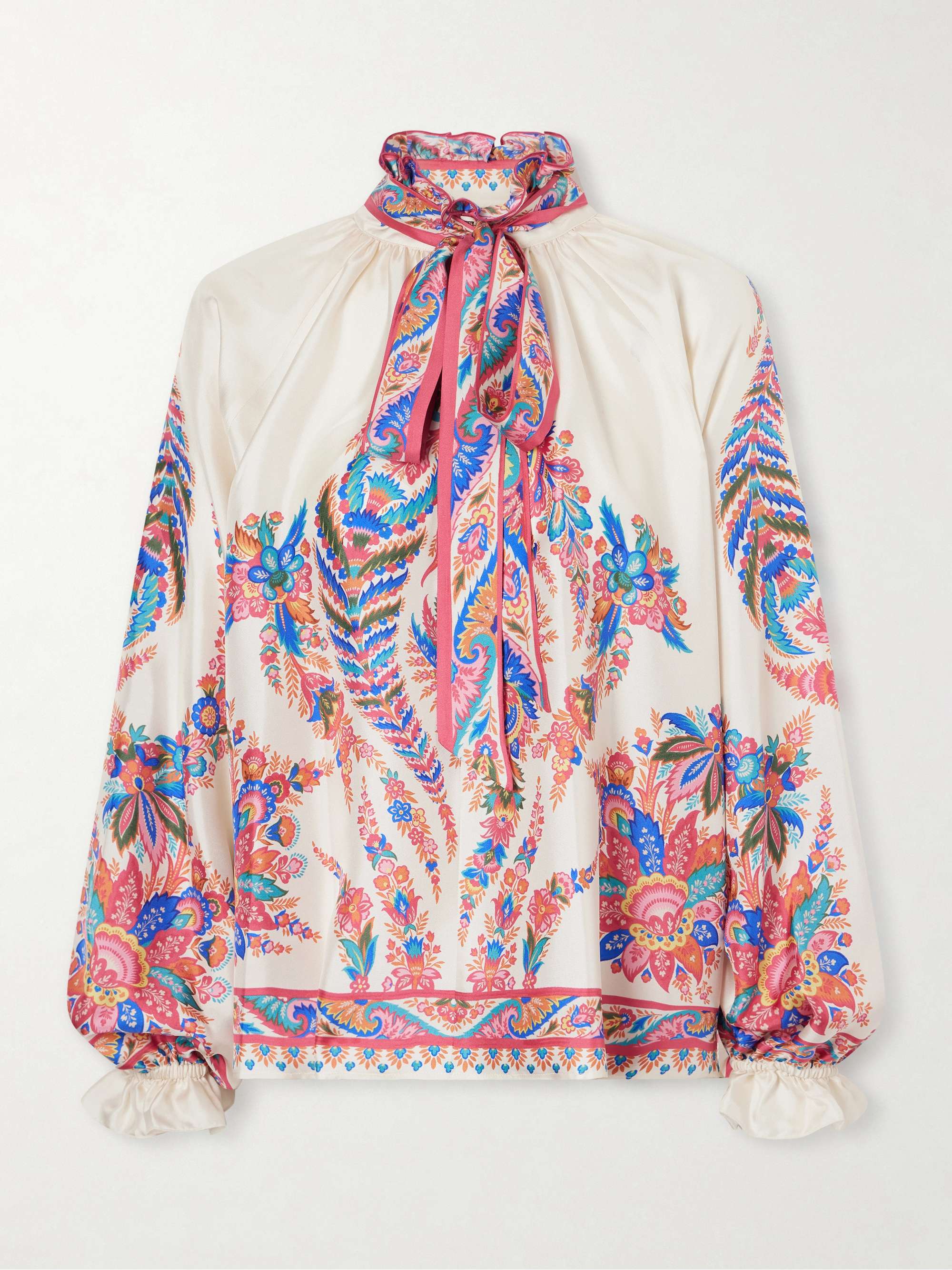 Pussy-Bow Paisley-Print Silk Blouse