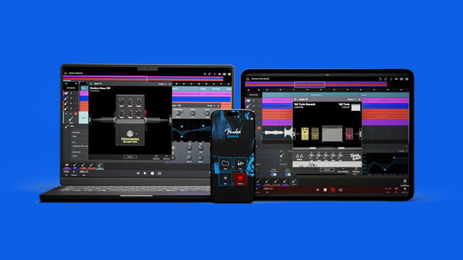 The Fender Studio app on phones and laptops on a blue background