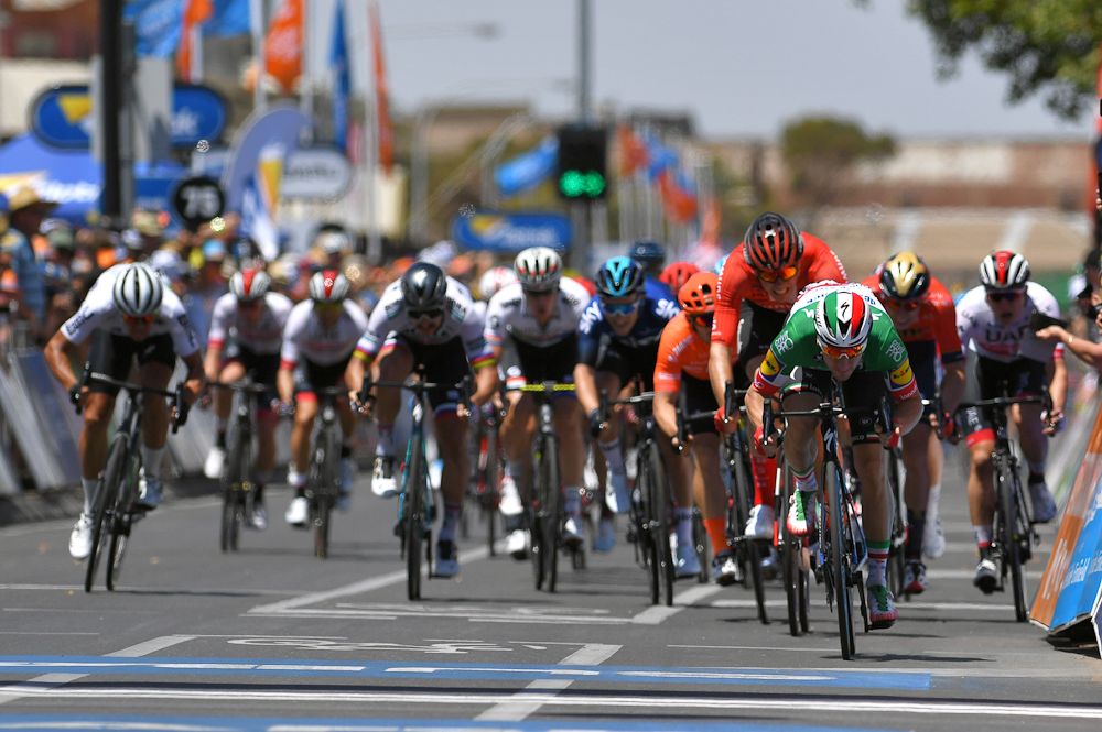 Elia Viviani wn route to winning stage 1 at the tour Down under