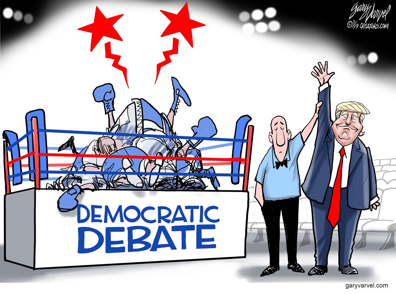 Political Cartoon U.S. Trump Wins Democratic Debate Boxing Match KOs