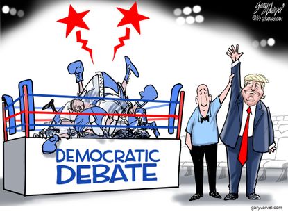 Political Cartoon U.S. Trump Wins Democratic Debate Boxing Match KOs