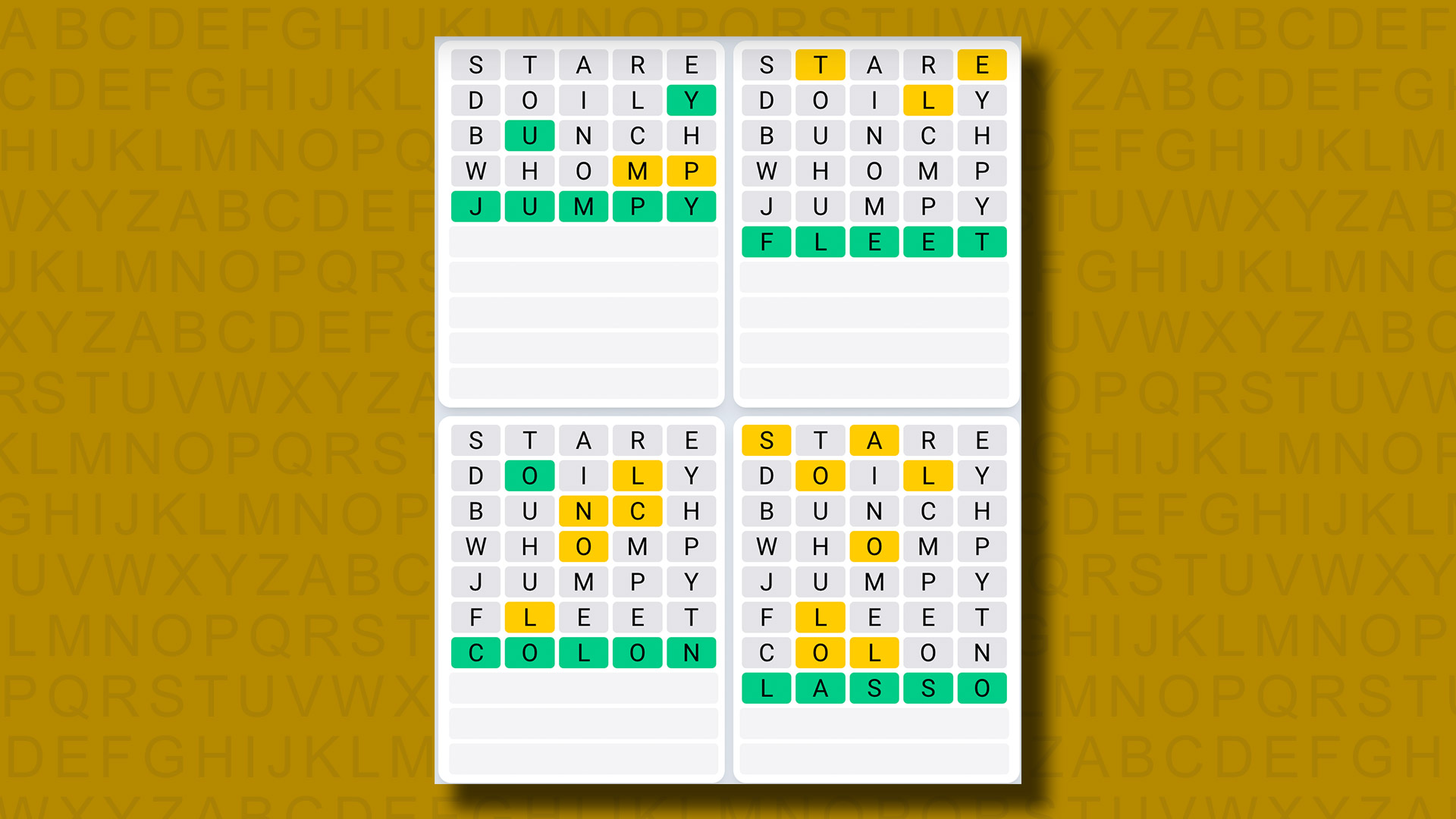 Respuestas de secuencia diaria de Quordle para el juego 850 sobre fondo amarillo