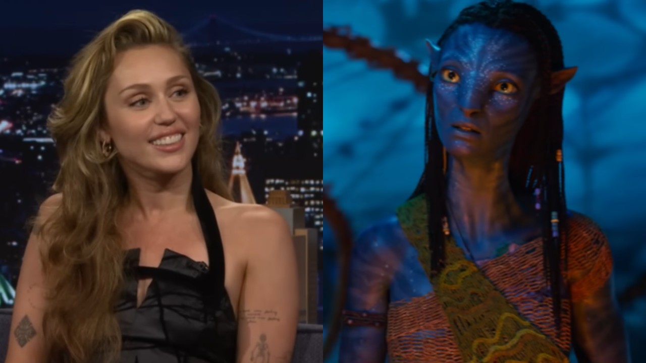 From left to right: Miley Cyrus on The Tonight Show and a Na'vi in Avatar: Fire And Ash.