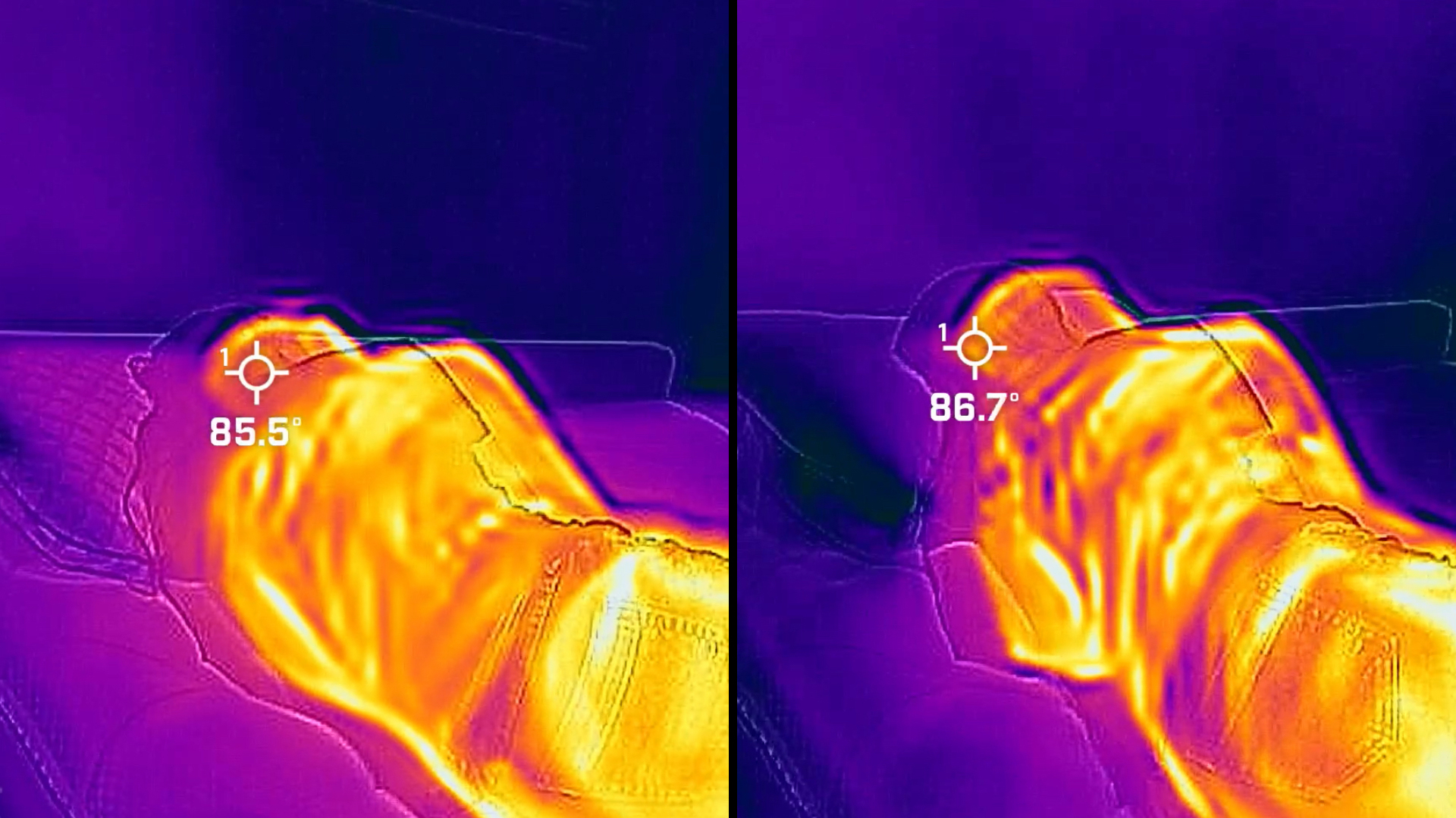 On the left, tester Frances lies on the Helix Cooling Memory Foam Pillow. After 12 minutes, the temperature is 85.5. On the right, tester Frances lies on the Hotel Collection Pillow. After 12 minutes, the temperature is 86.7