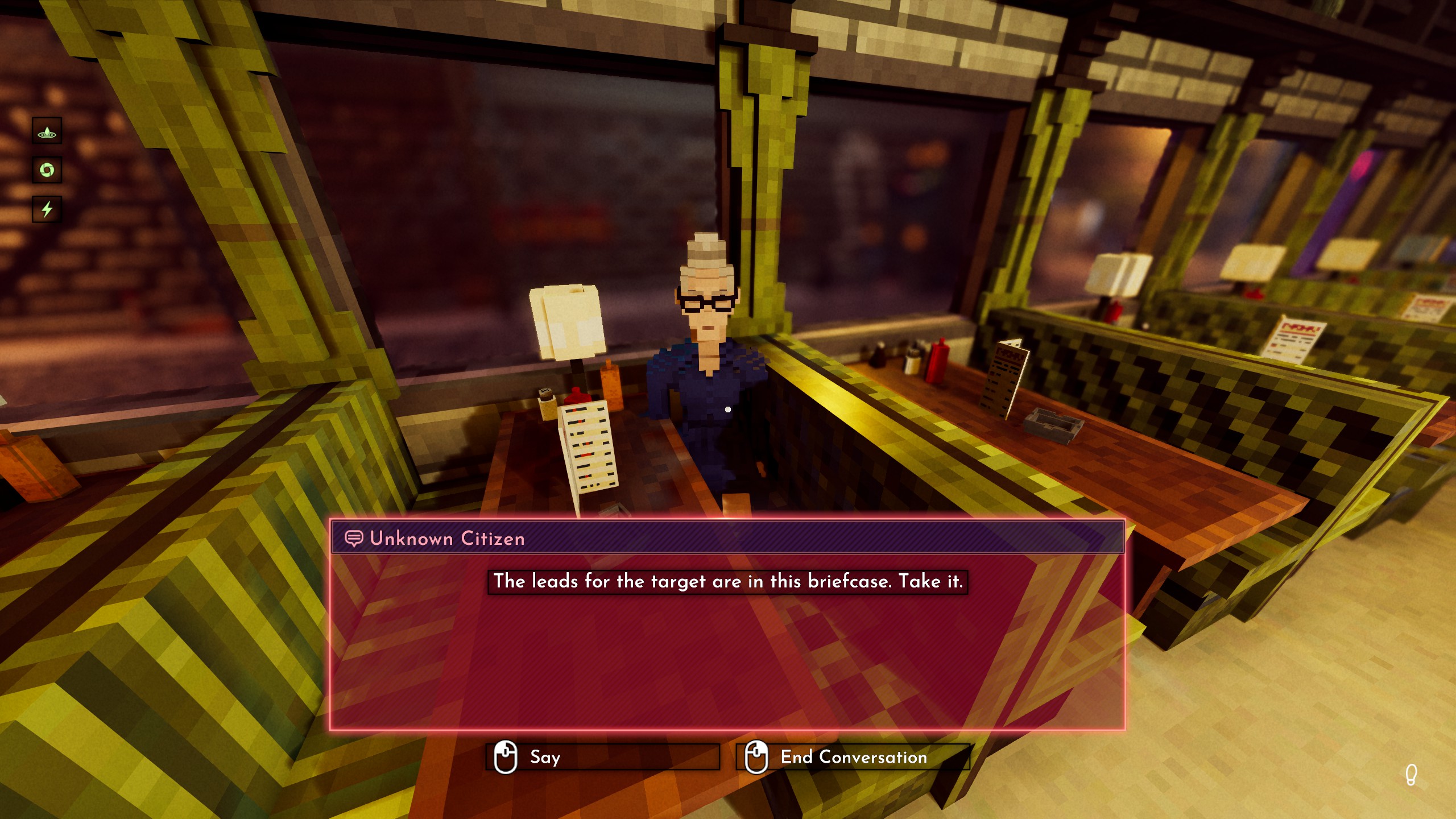 A woman gives the player a mission and a briefcase in Shadows of Doubt.