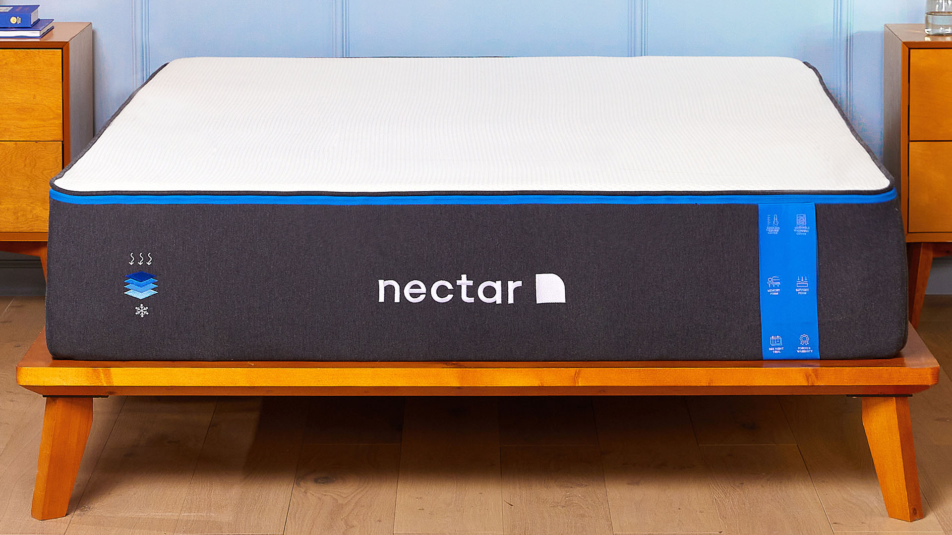 Nectar mattress in a box, set up in a bedroom