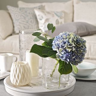 Hydrangea flower in a small vase on a tray with ornaments