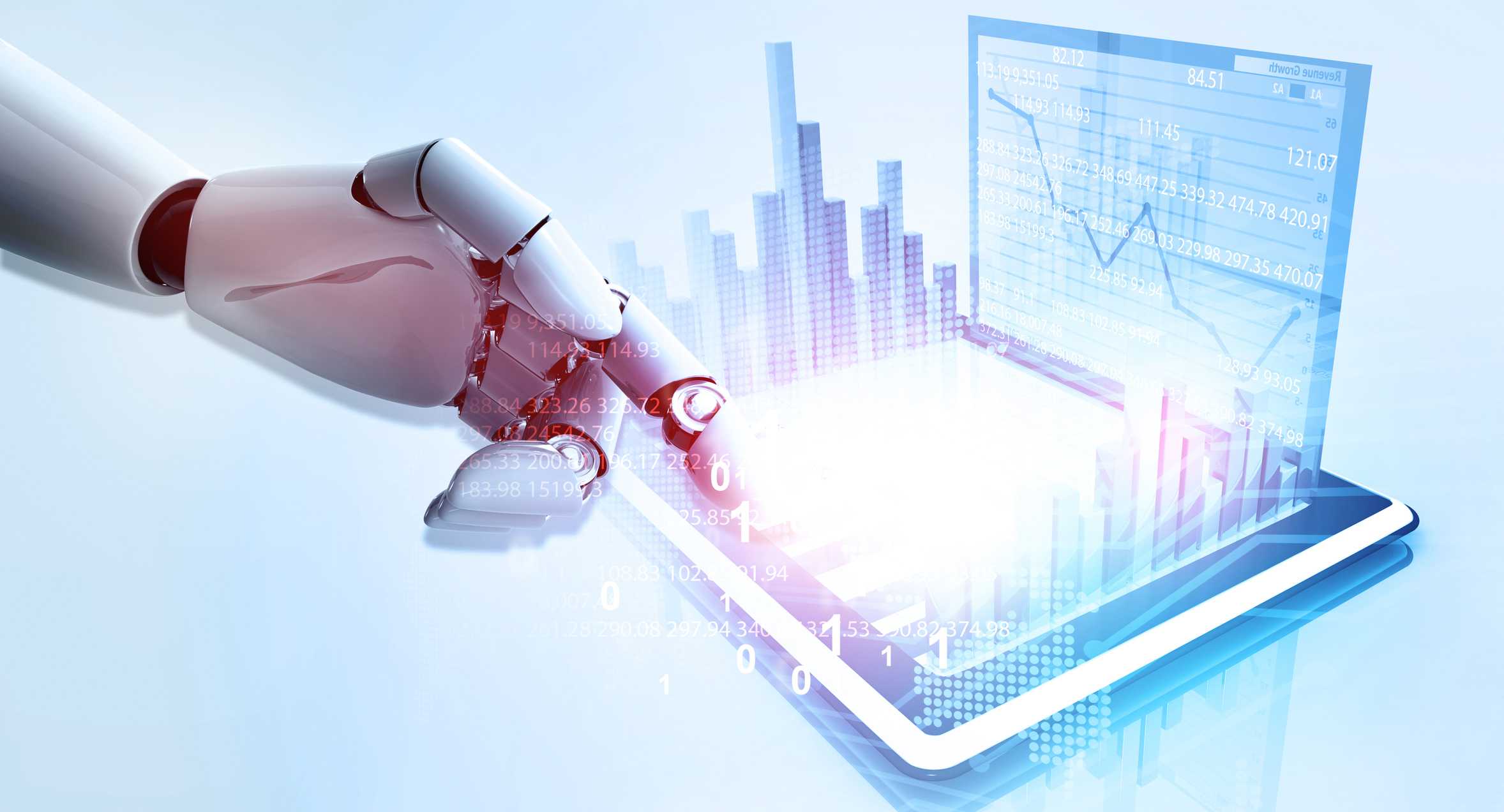 Robotic Hand Interacting with Live Stock Market Graphs representing Scottish Mortgage investing in technology-driven private companies
