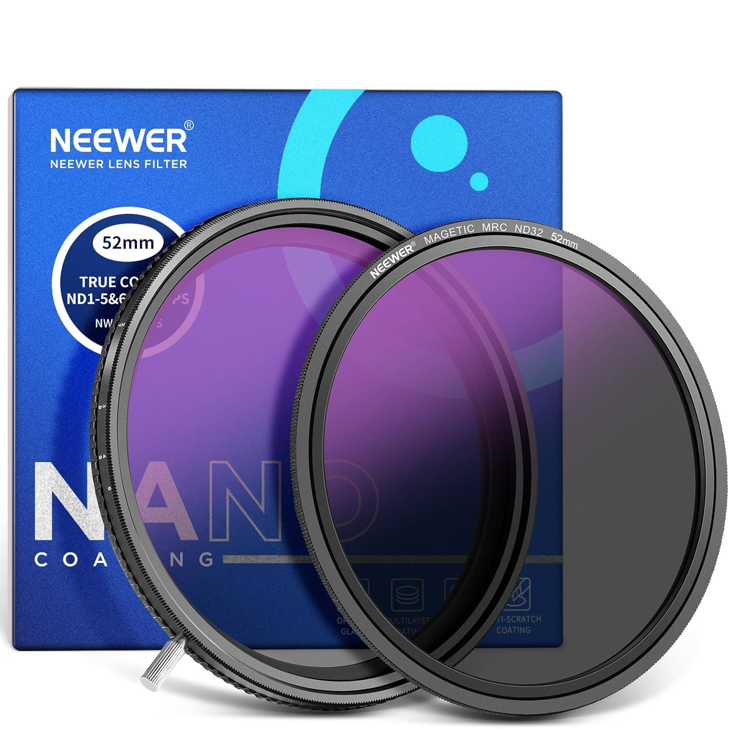 NEEWER HD True Colors 52mm Variable ND Filter ND2-512 (1-9 stops), VND Filter & Magnetic ND32 Lens Filter and packaging in a white square