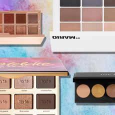 product collage of neutral eyeshadow palettes from patrick ta, makeup by mario, tarte, and bobbi brown overlaid a purple and blue watercolor background