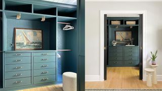 Walk-in closet in dark bluey green paint shade styled with art