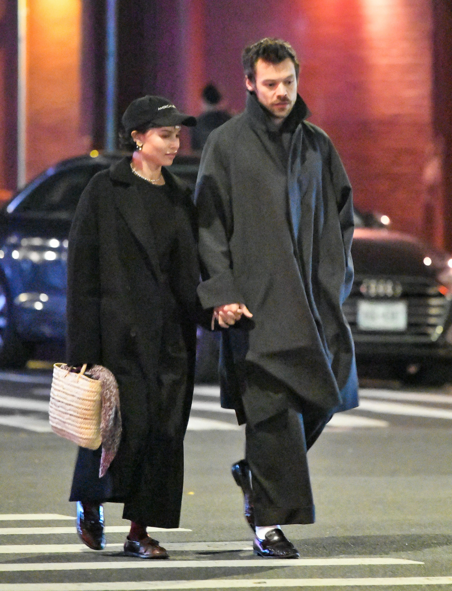 Zoe Kravitz and Harry Styles in New York City where Zoe carries a straw bag and wears loafers